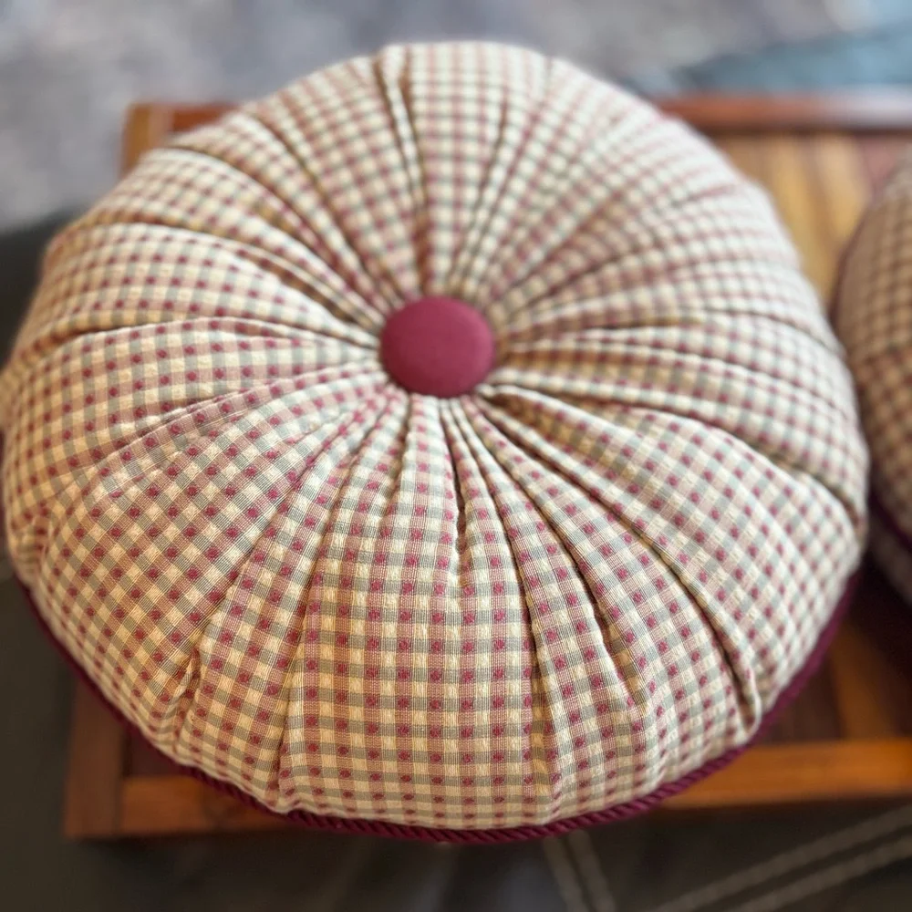 Vintage Plaid Checkered Tufted Throw Pillow Set with Piping Burgundy Cottage